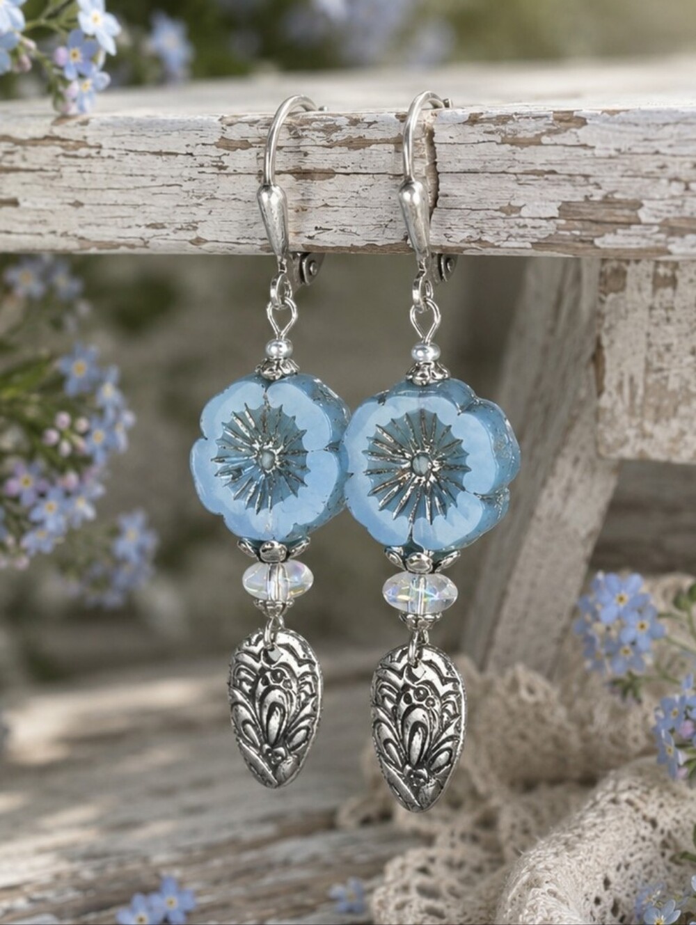 Blue Czech Glass Flower Earrings Silver Floral Artisan Dangles Hand Crafted